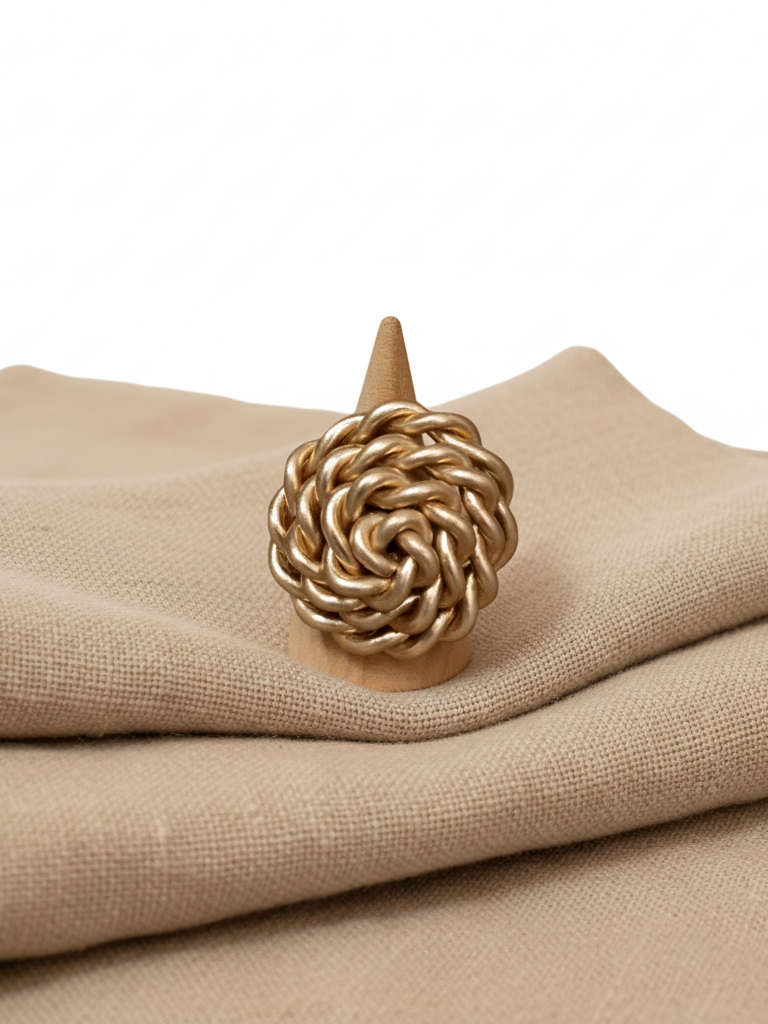  "Anello spirale dorato maxi vista frontale su porta anello in legno su tessuto lino naturale"