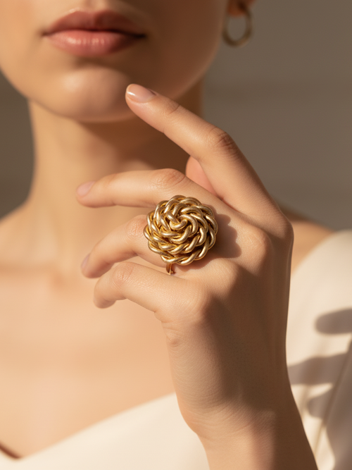 "Anello spirale dorato maxi indossato su mano femminile luce naturale stile elegante contemporaneo"