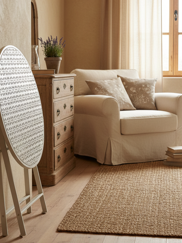 "Set tavolino e sedia in ferro battuto bianco shabby chic ambientato con fiori stile Provenzale per interno o terrazzo"