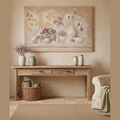 "Quadro stampa su tela con rifiniture dipinte a mano natura morta floreale stile provenzale ambientato in soggiorno country chic"