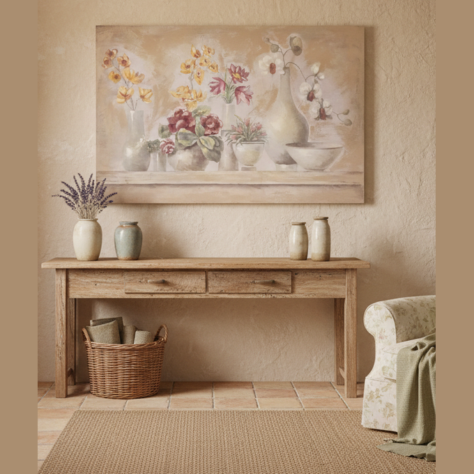 "Quadro stampa su tela con rifiniture dipinte a mano natura morta floreale stile provenzale ambientato in soggiorno country chic"