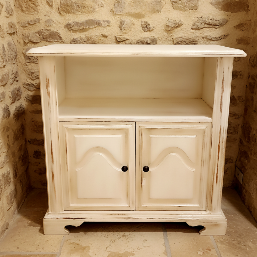 Credenzino provenzale shabby chic bianco avorio vista frontale con ante chiuse