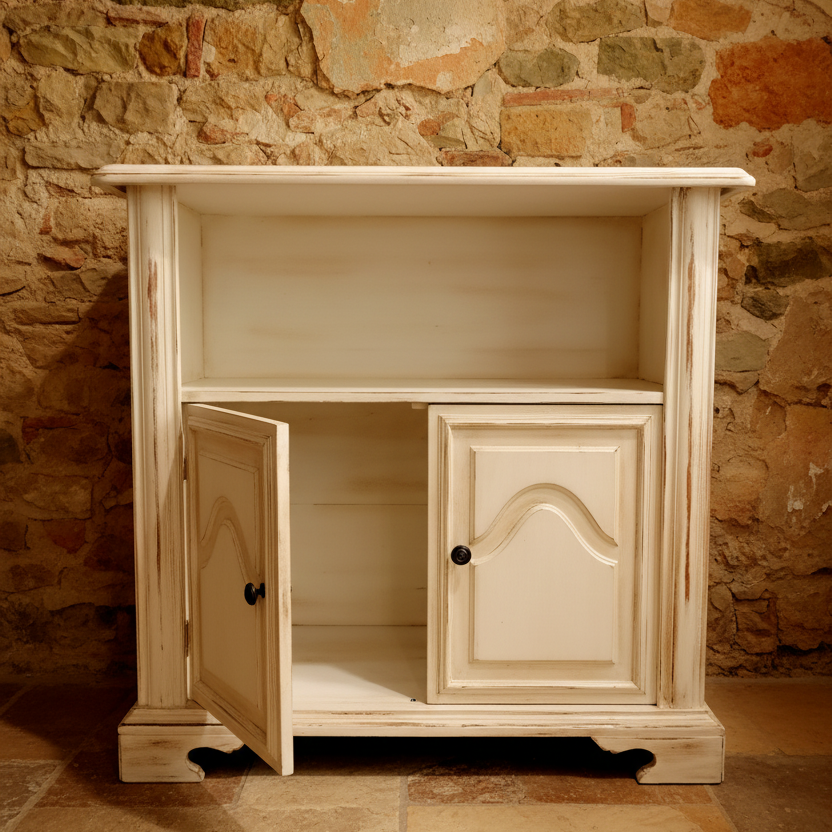 Credenzino provenzale shabby chic bianco avorio con ante e vano aperto su pavimento in pietra